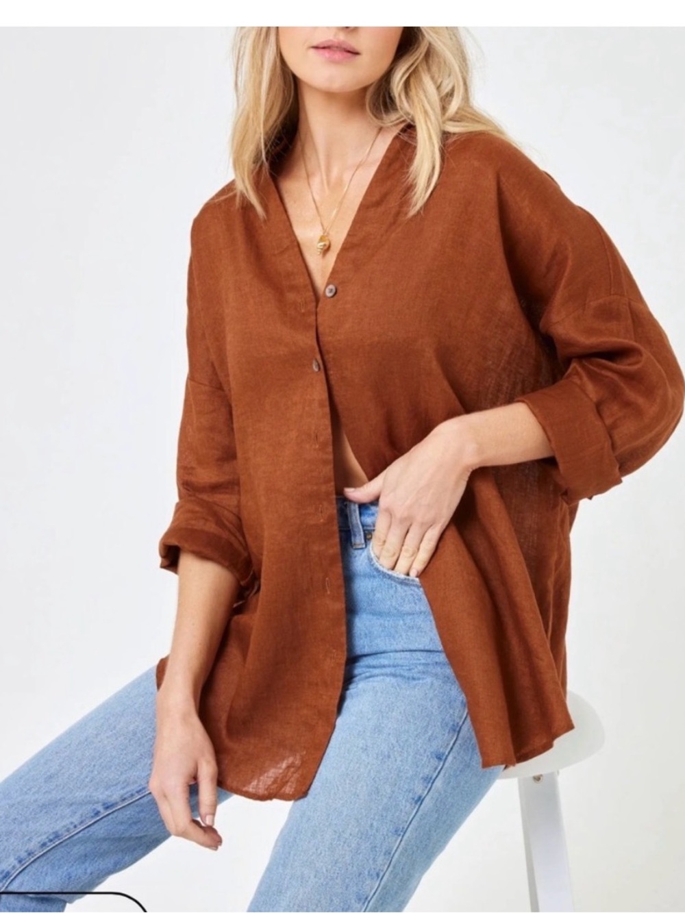 LSPACE Rio Linen oversized Tunic Brown Button-Up Top